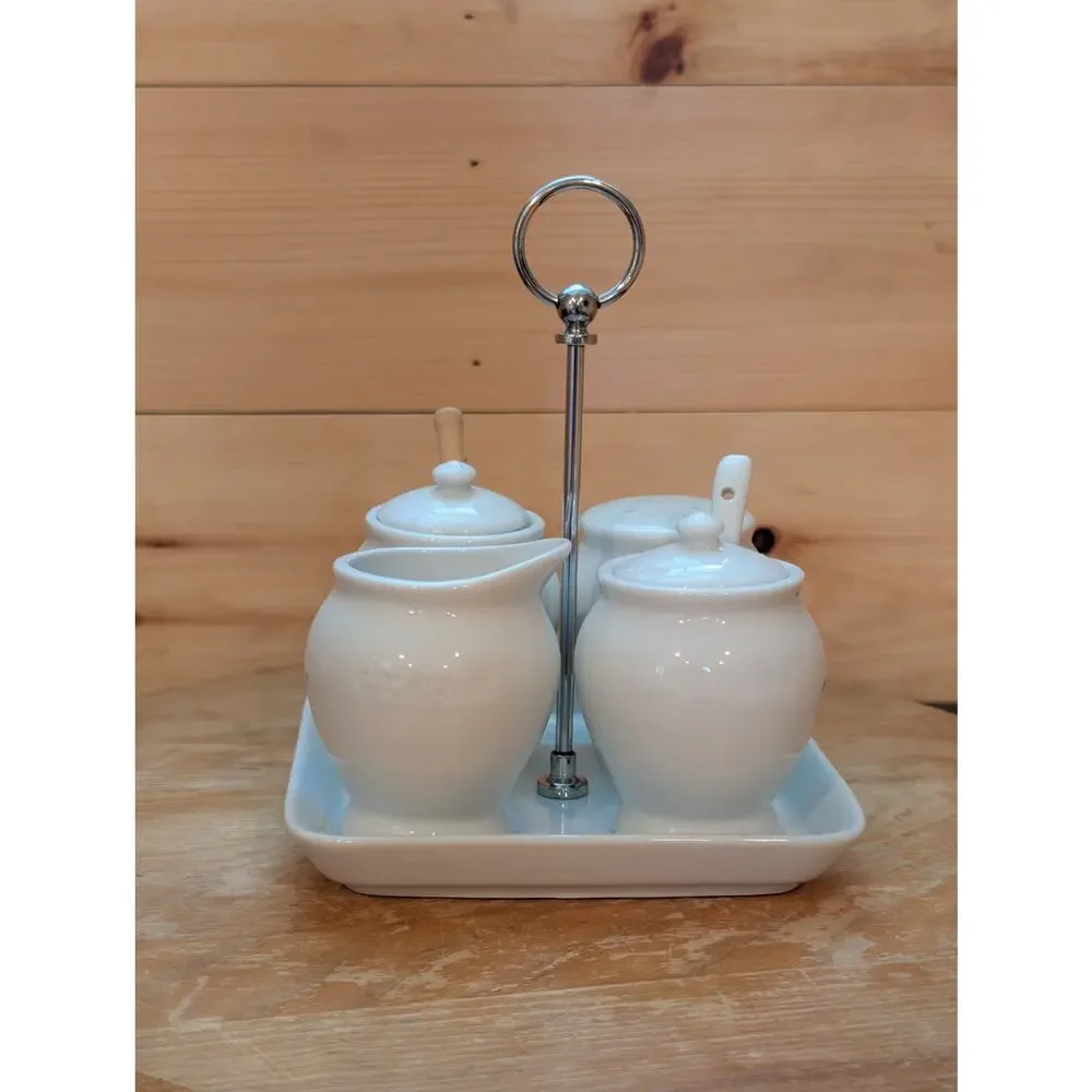 Pottery Barn Great White 5-Piece Condiment Set with Chrome Caddy - Unused
